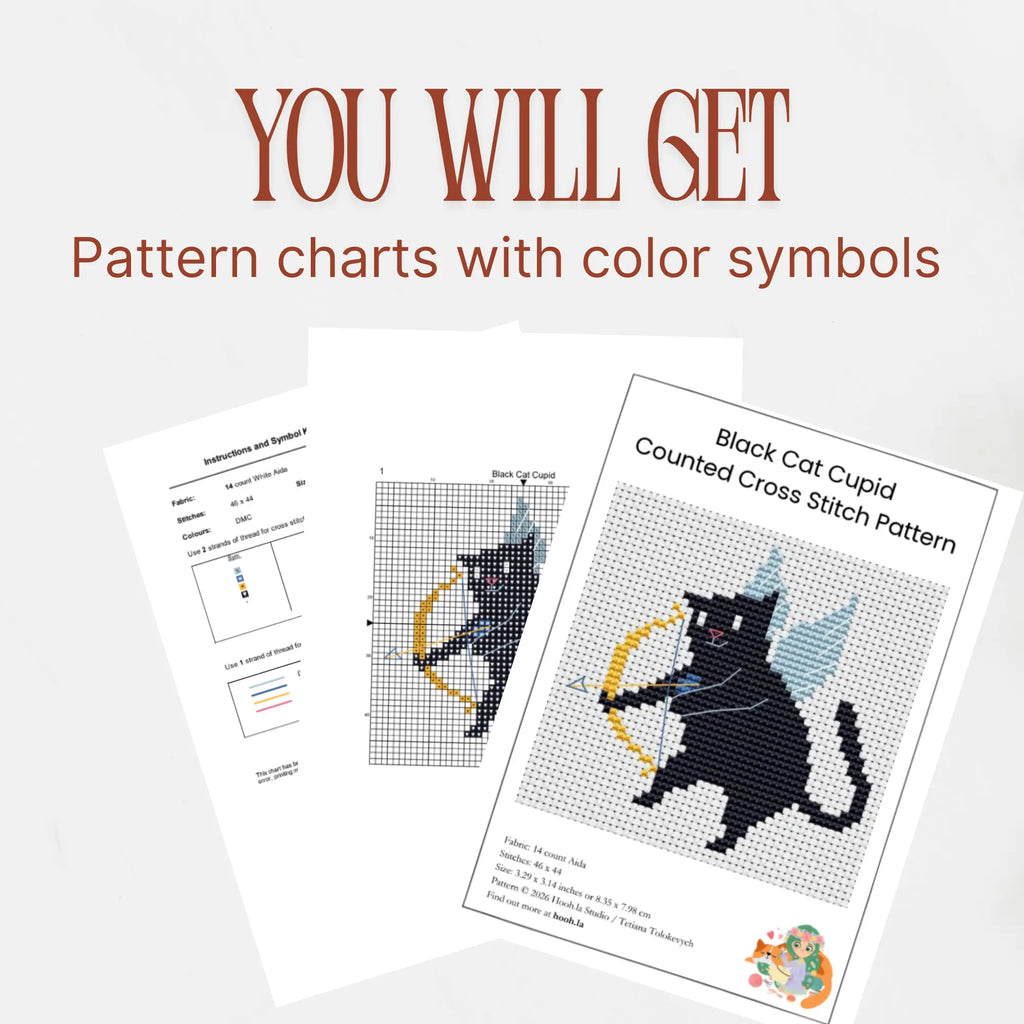 Black Cat Cupid Cross Stitch Pattern PDF, Valentine Cat With Wings Chart