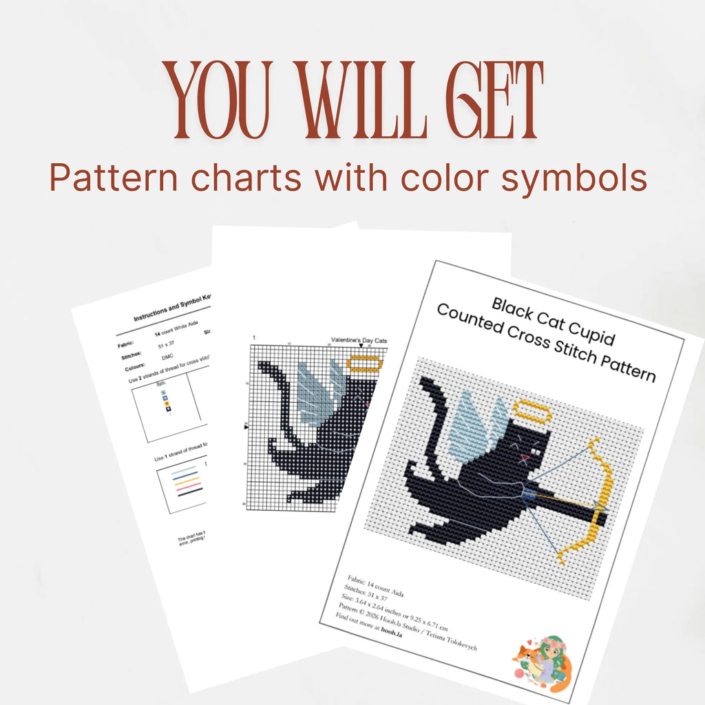 Black Cat Cupid Cross Stitch Pattern PDF, Valentine Cat With Bow Chart