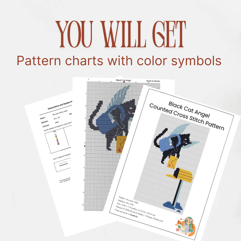 Winged Black Cat Cross Stitch Pattern PDF, Valentine Mailbox Design