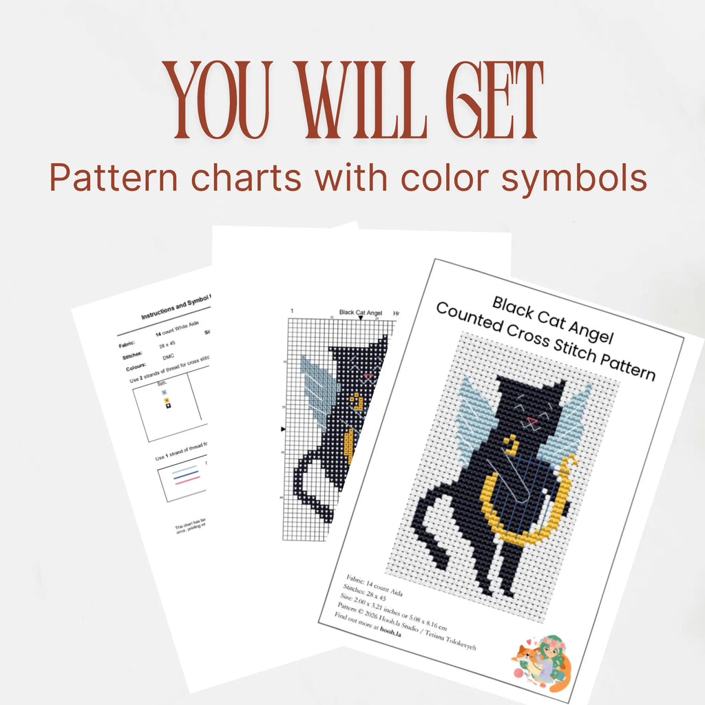 Angel Cat With Harp Cross Stitch Pattern PDF, Black Cat Angel Mini Chart