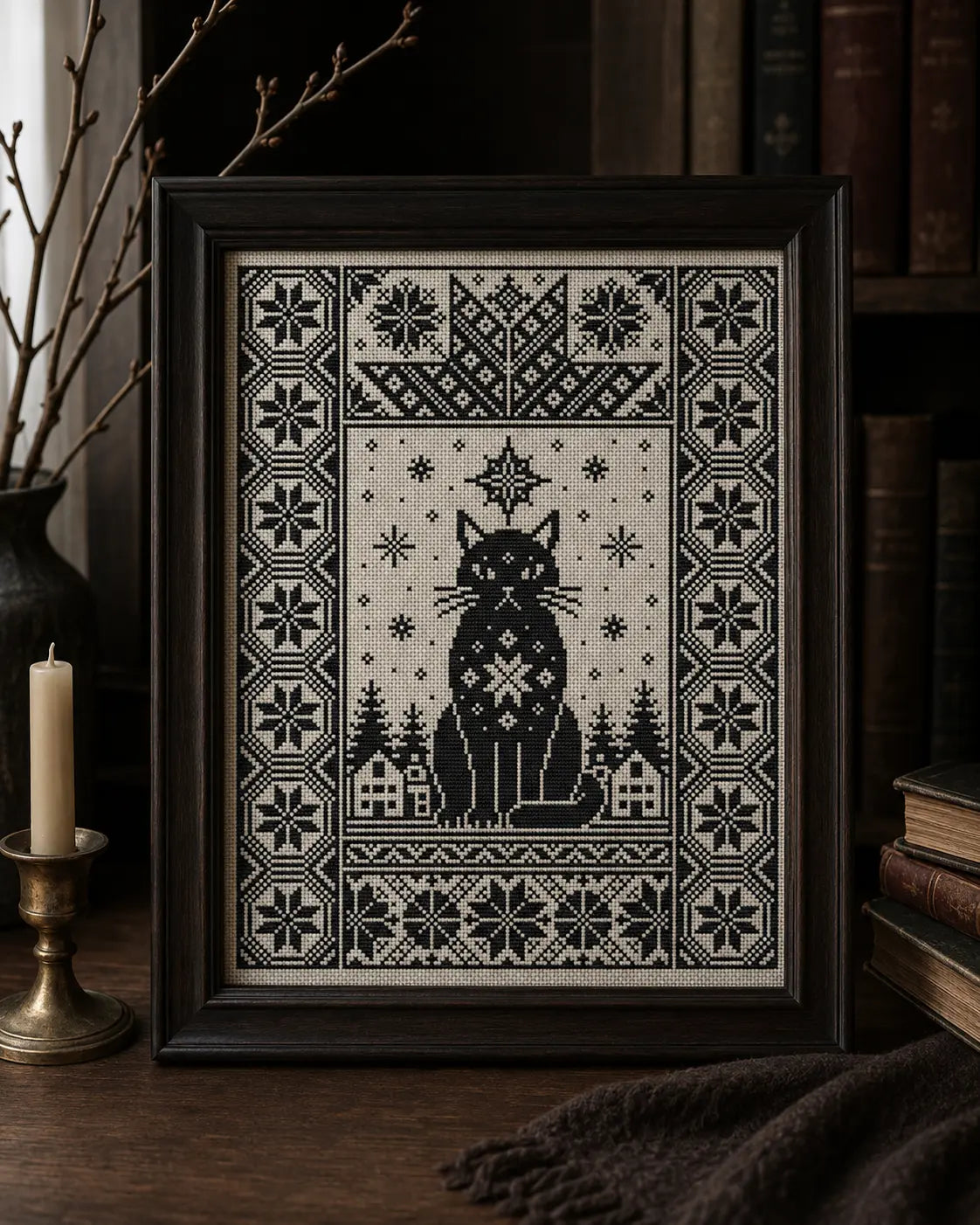 Christmas Yule Cat Cross Stitch Pattern PDF, Nordic Black Cat Sampler