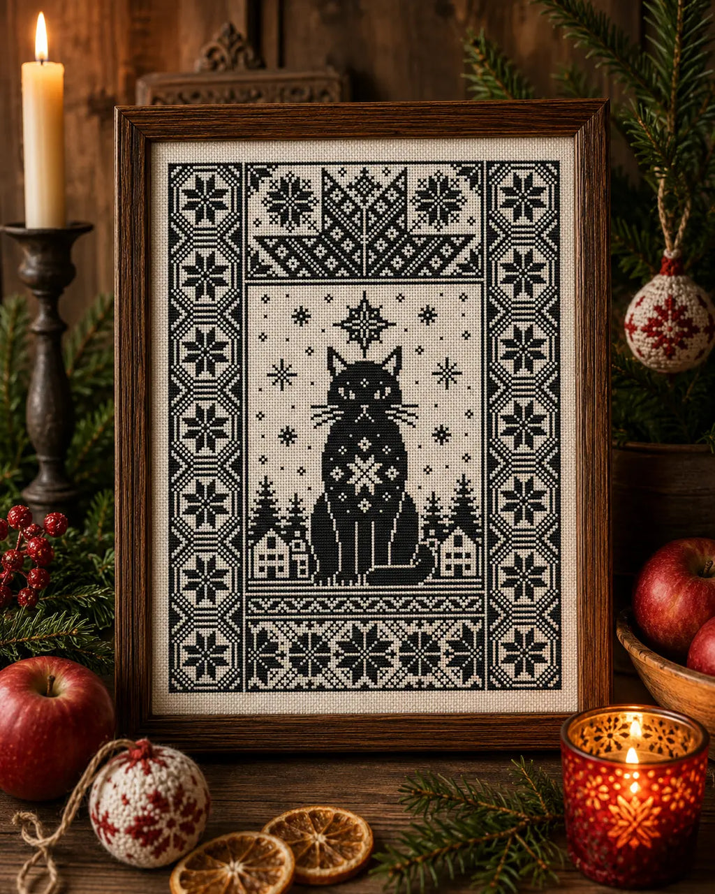 Christmas Yule Cat Cross Stitch Pattern PDF, Nordic Black Cat Sampler