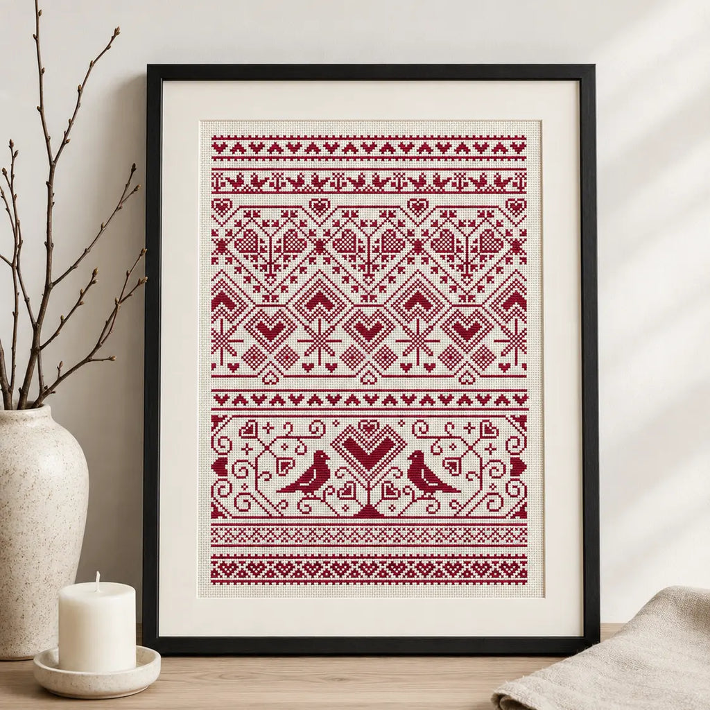 Nordic Heart Sampler Cross Stitch Pattern PDF, Red Folk Art Love Chart