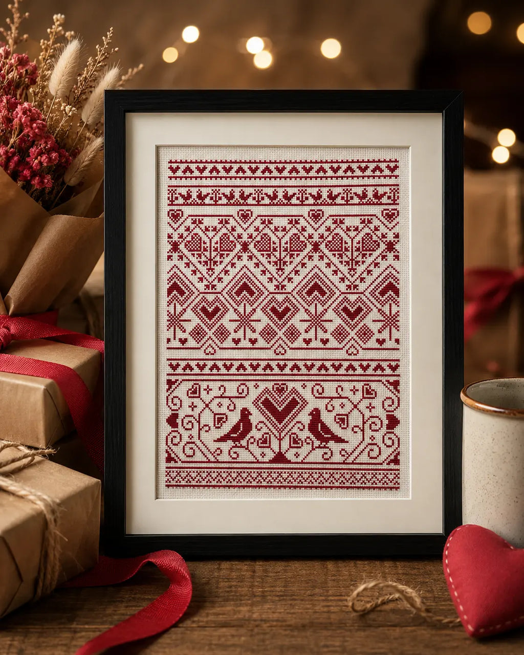 Nordic Heart Sampler Cross Stitch Pattern PDF, Red Folk Art Love Chart
