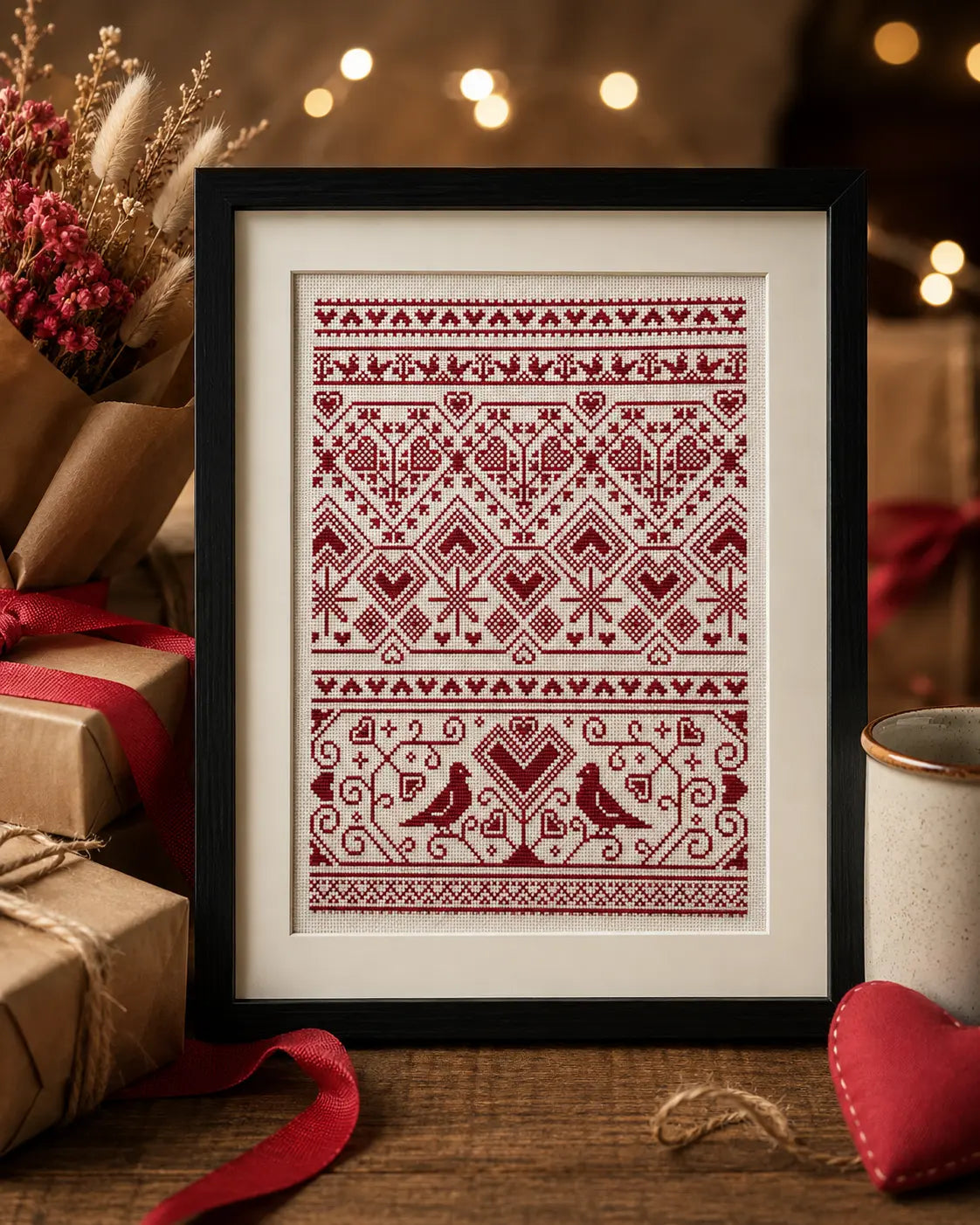 Nordic Heart Sampler Cross Stitch Pattern PDF, Red Folk Art Love Chart
