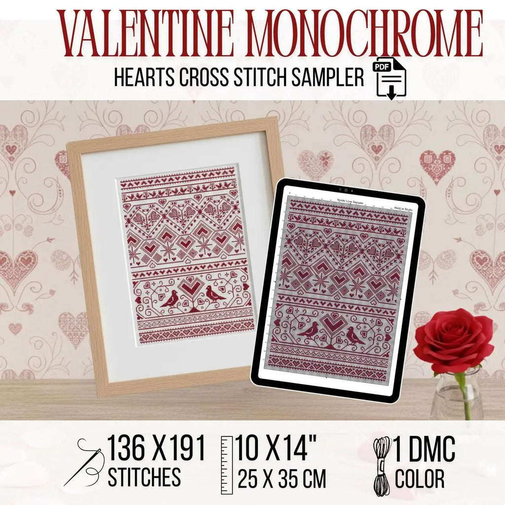 Nordic Heart Sampler Cross Stitch Pattern PDF, Red Folk Art Love Chart