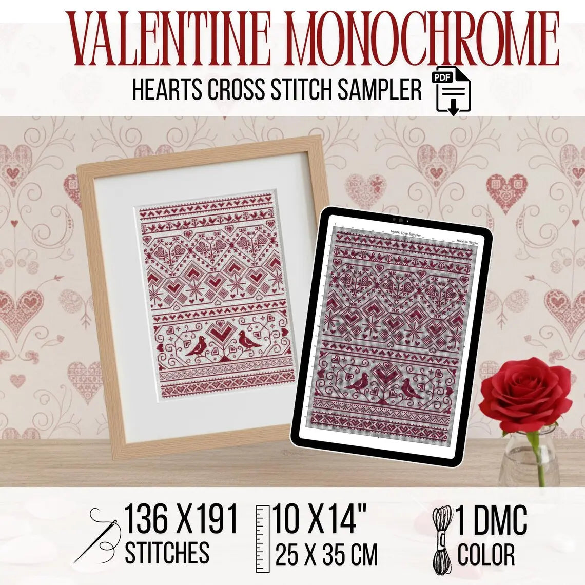 Nordic Heart Sampler Cross Stitch Pattern PDF, Red Folk Art Love Chart