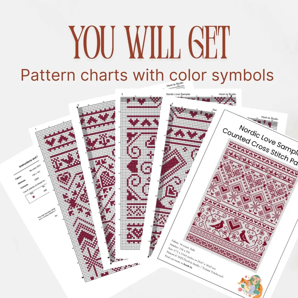 Nordic Heart Sampler Cross Stitch Pattern PDF, Red Folk Art Love Chart