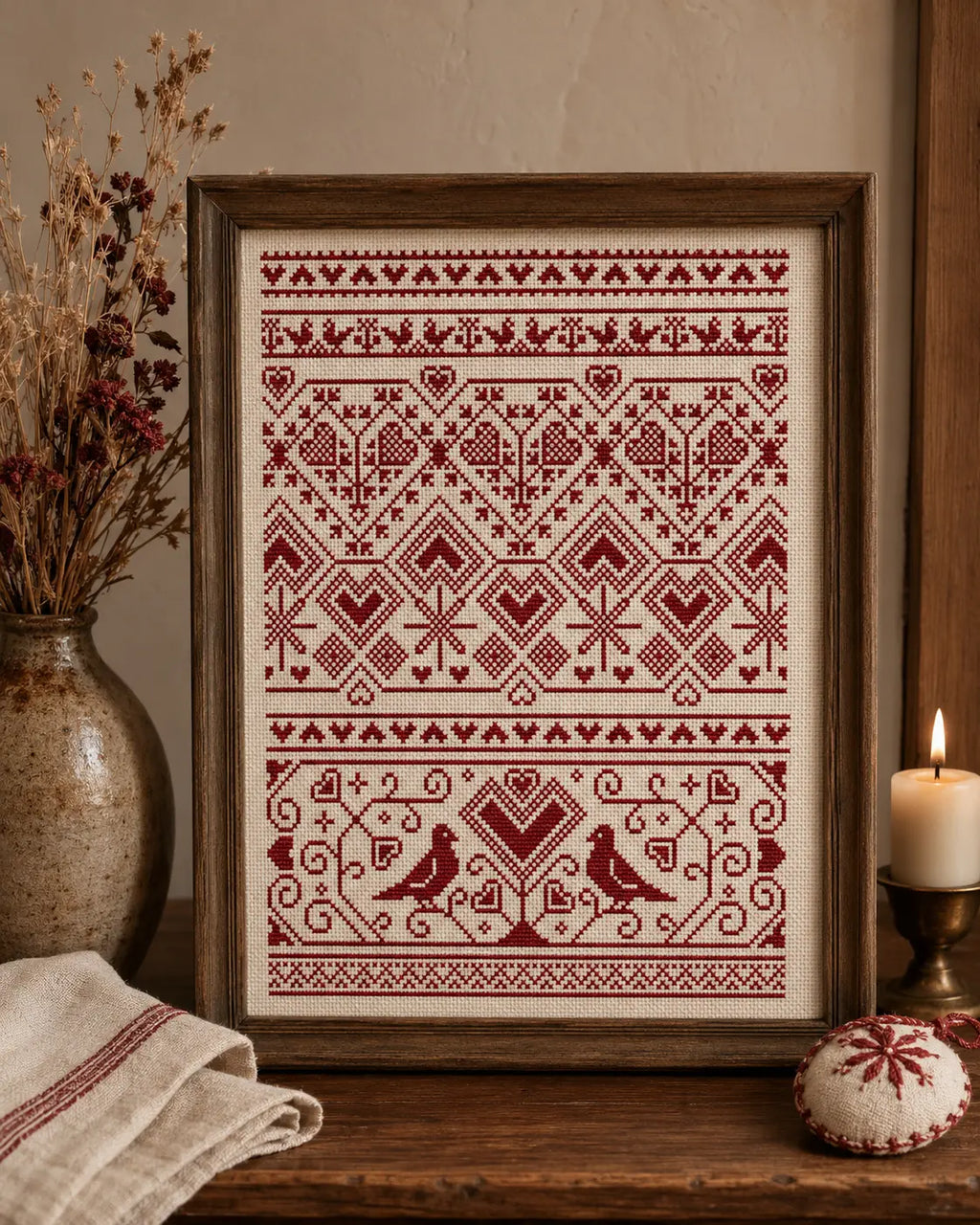 Nordic Heart Sampler Cross Stitch Pattern PDF, Red Folk Art Love Chart