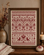 Nordic Heart Sampler Cross Stitch Pattern PDF, Red Folk Art Love Chart