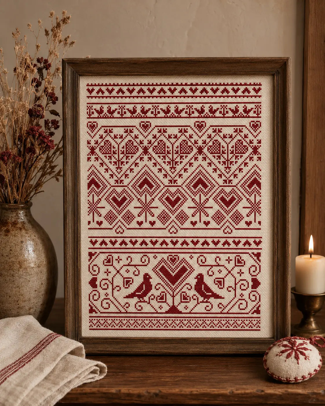 Nordic Heart Sampler Cross Stitch Pattern PDF, Red Folk Art Love Chart