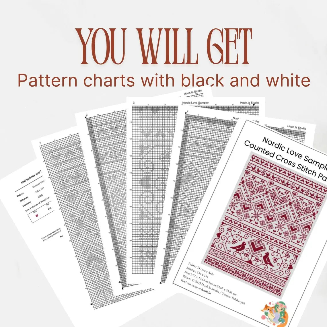 Nordic Heart Sampler Cross Stitch Pattern PDF, Red Folk Art Love Chart