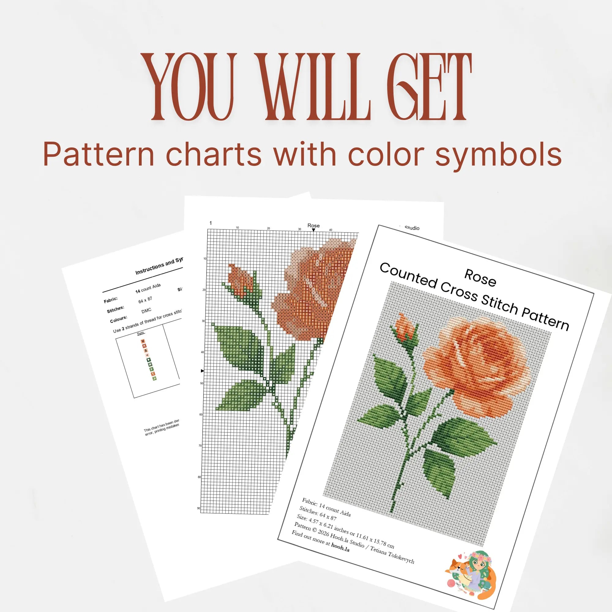 Rose Cross Stitch Pattern PDF, June Birth Flower Small Floral Chart