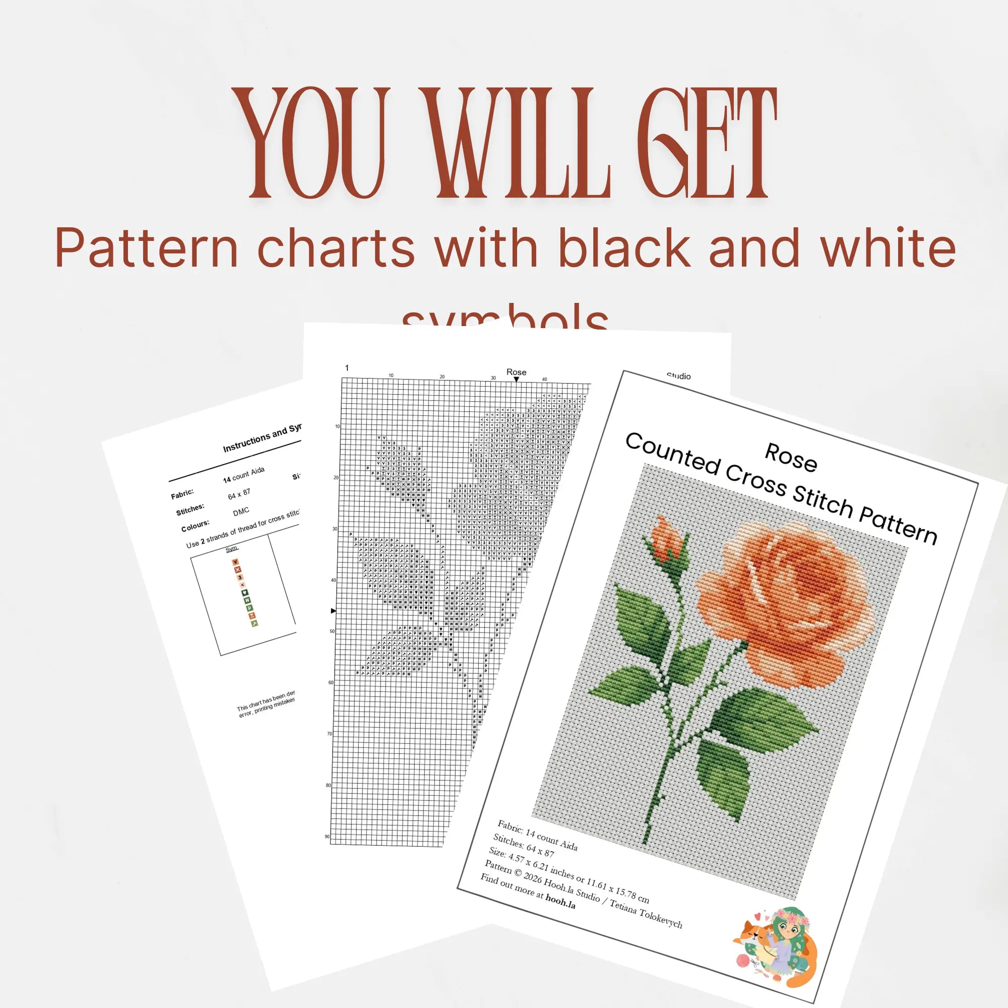Rose Cross Stitch Pattern PDF, June Birth Flower Small Floral Chart