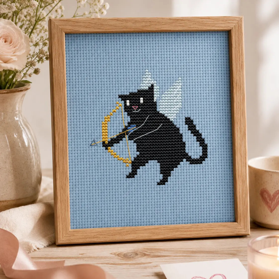Black Cat Cupid Cross Stitch Pattern PDF, Valentine Cat With Wings Chart