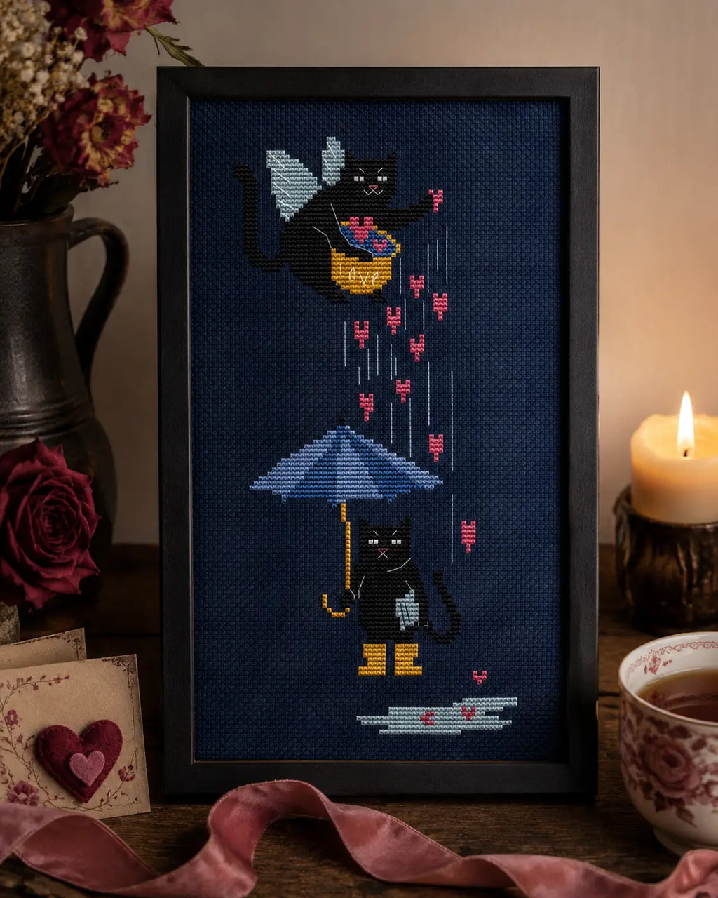 Valentine Black Cat Cross Stitch Pattern PDF, Cupid Cat Umbrella Chart