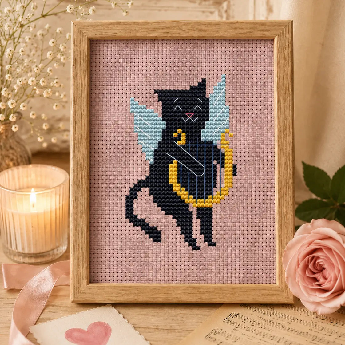 Angel Cat With Harp Cross Stitch Pattern PDF, Black Cat Angel Mini Chart