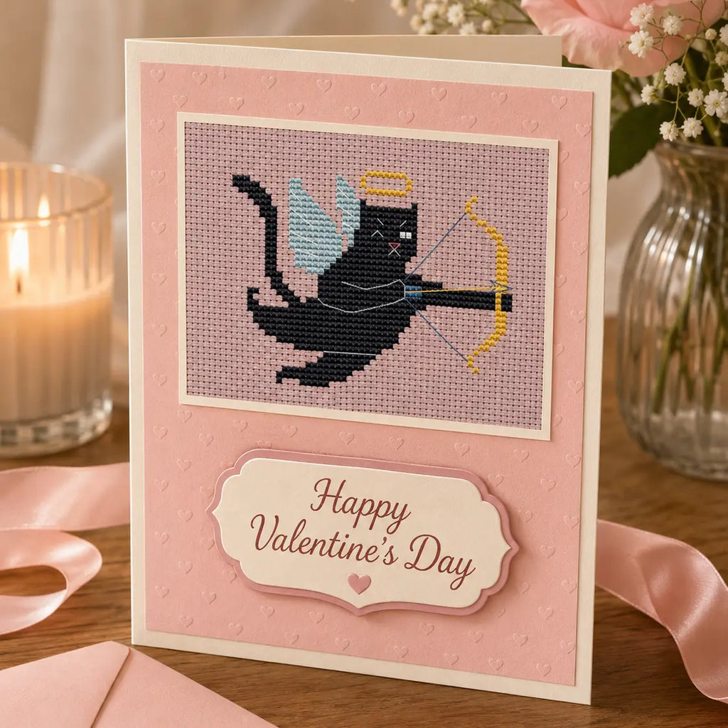 Black Cat Cupid Cross Stitch Pattern PDF, Valentine Cat With Bow Chart