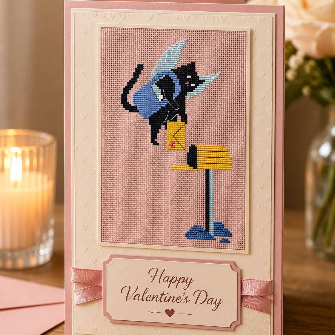 Winged Black Cat Cross Stitch Pattern PDF, Valentine Mailbox Design