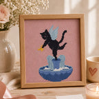Winged Black Cat Fountain Cross Stitch Pattern PDF, Valentine Angel Cat Chart