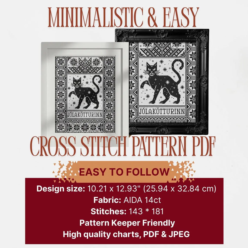 Yule Cat Cross Stitch Pattern PDF, Nordic Christmas Cat Sampler, Jólakötturinn