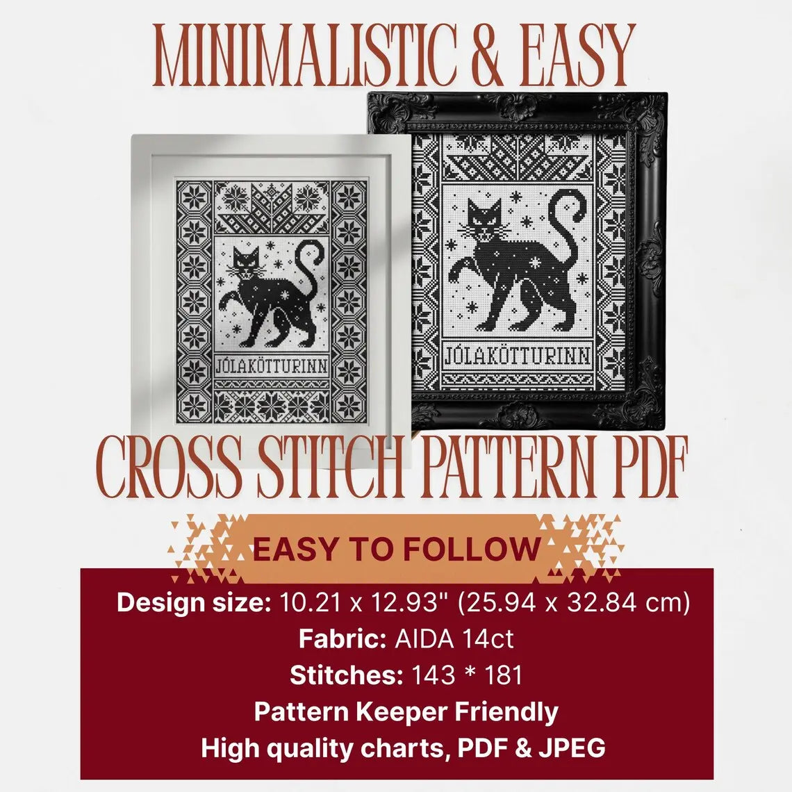 Yule Cat Cross Stitch Pattern PDF, Nordic Christmas Cat Sampler, Jólakötturinn