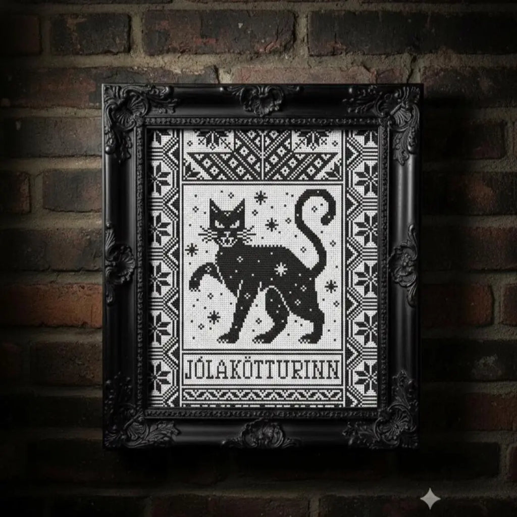 Yule Cat Cross Stitch Pattern PDF, Nordic Christmas Cat Sampler, Jólakötturinn