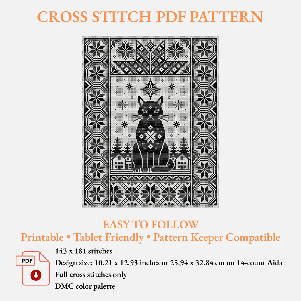 Christmas Yule Cat Cross Stitch Pattern PDF, Nordic Black Cat Sampler