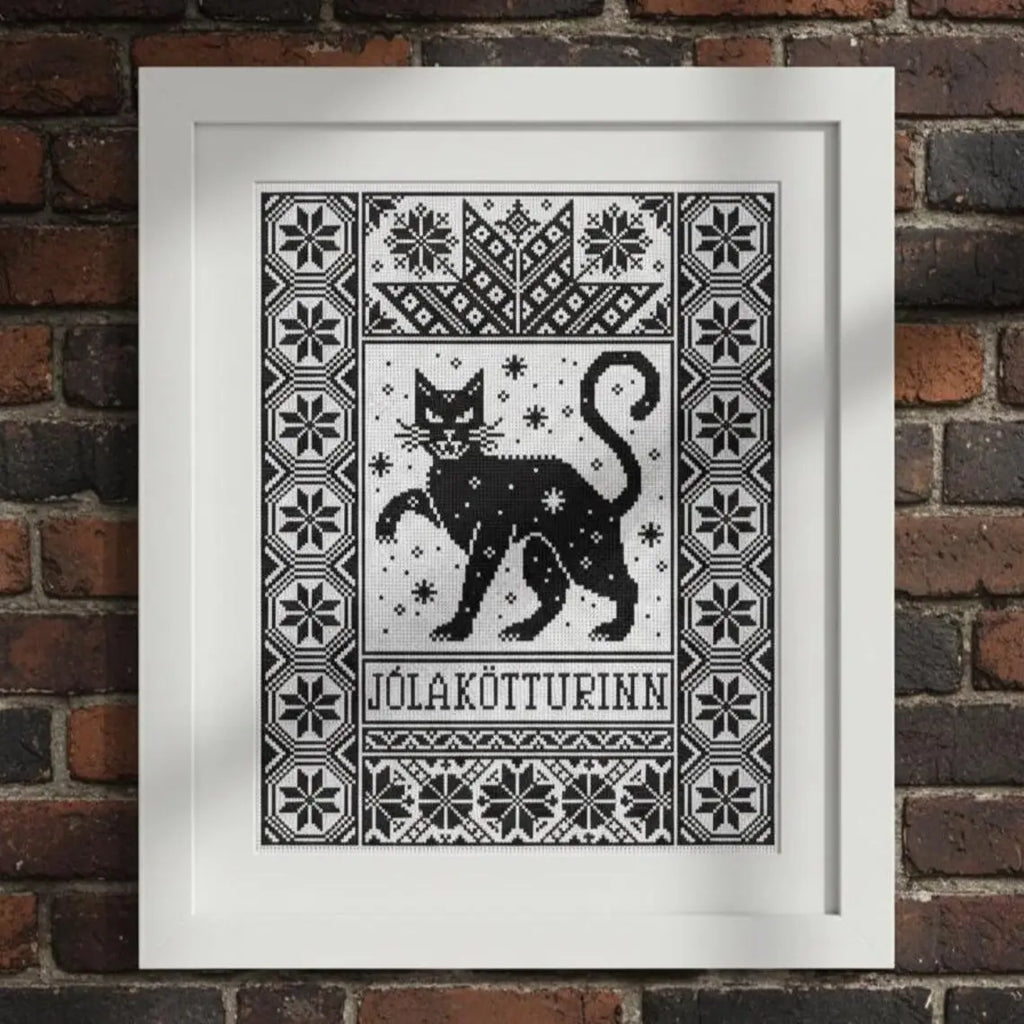 Yule Cat Cross Stitch Pattern PDF, Nordic Christmas Cat Sampler, Jólakötturinn