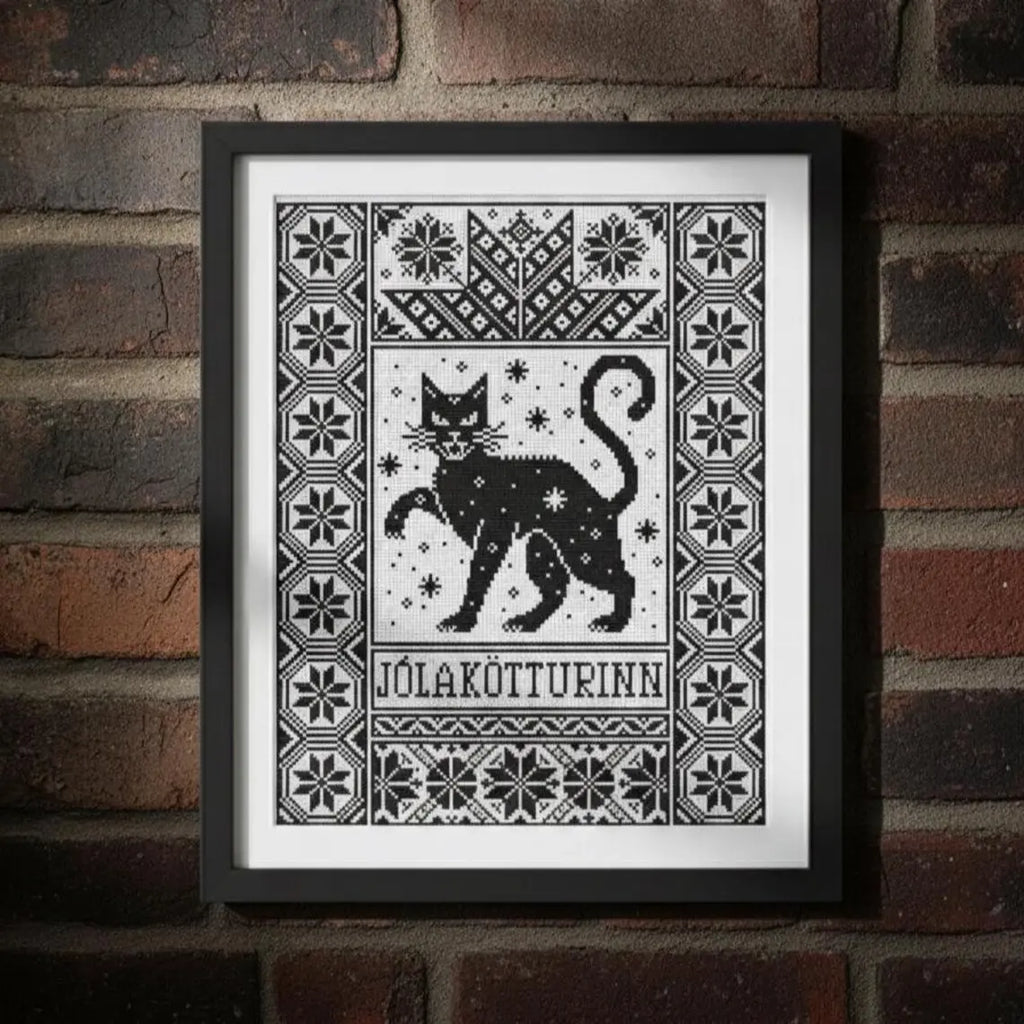 Yule Cat Cross Stitch Pattern PDF, Nordic Christmas Cat Sampler, Jólakötturinn