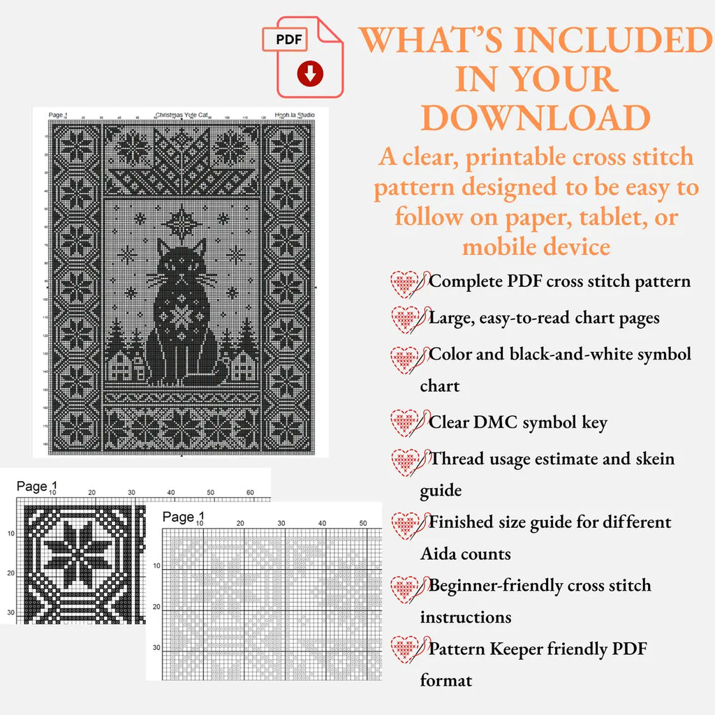 Christmas Yule Cat Cross Stitch Pattern PDF, Nordic Black Cat Sampler