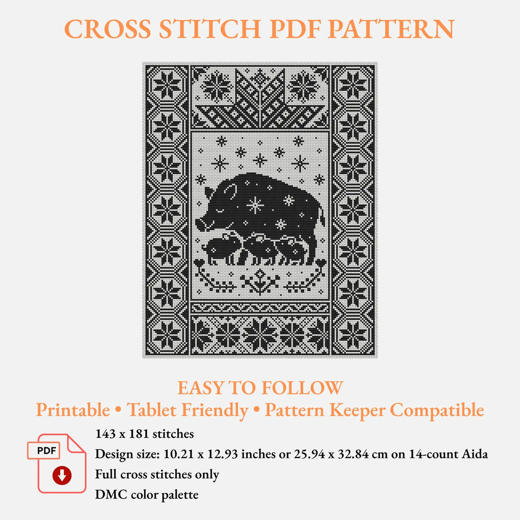 Yule Pig Family Cross Stitch Pattern PDF, Nordic Christmas Boar Sampler