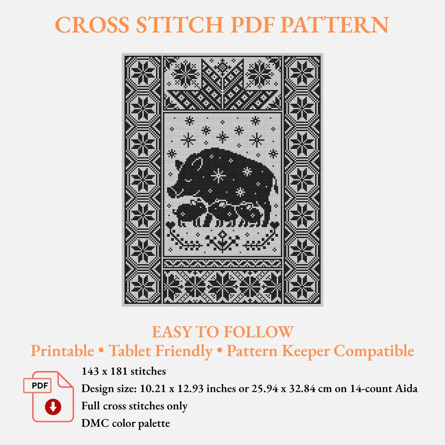 Yule Pig Family Cross Stitch Pattern PDF, Nordic Christmas Boar Sampler