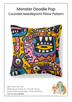 Counted Needlepoint Pillow Pattern Monster Doodle Pop, Tapestry Cushion Pattern, Download PDF