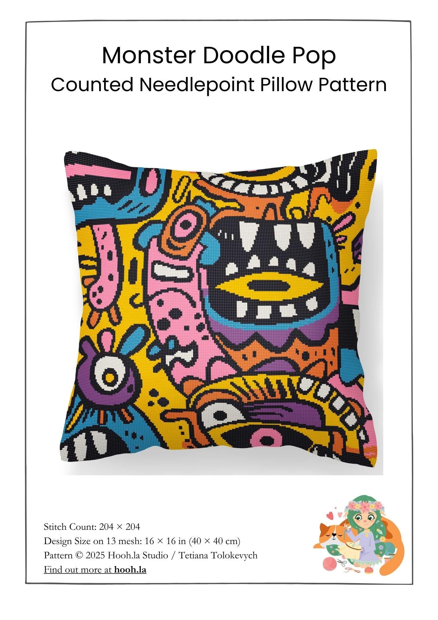 Counted Needlepoint Pillow Pattern Monster Doodle Pop, Tapestry Cushion Pattern, Download PDF