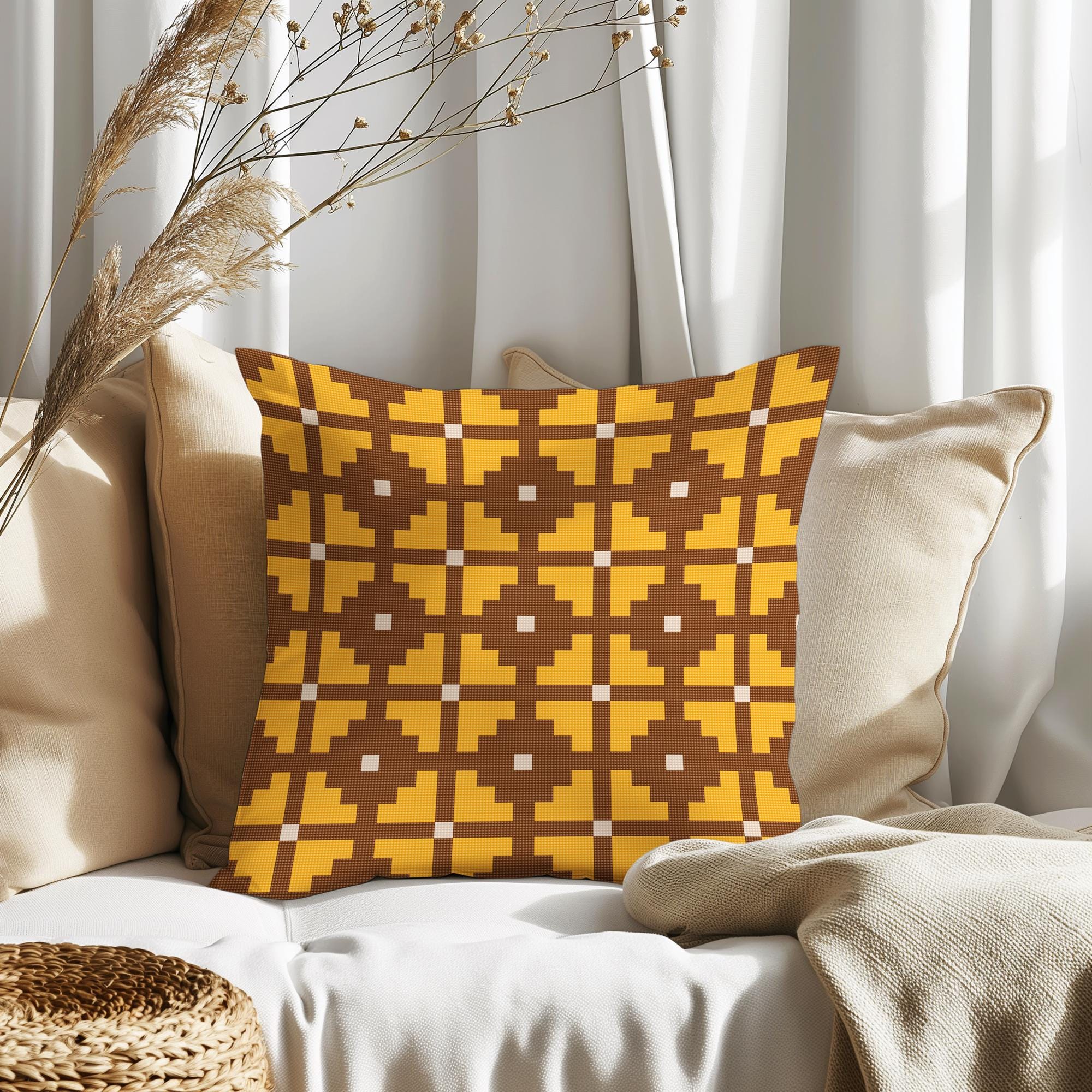 Counted Needlepoint Pillow Pattern Ochre Cross Tiles, Tapestry Cushion Pattern, Download PDF