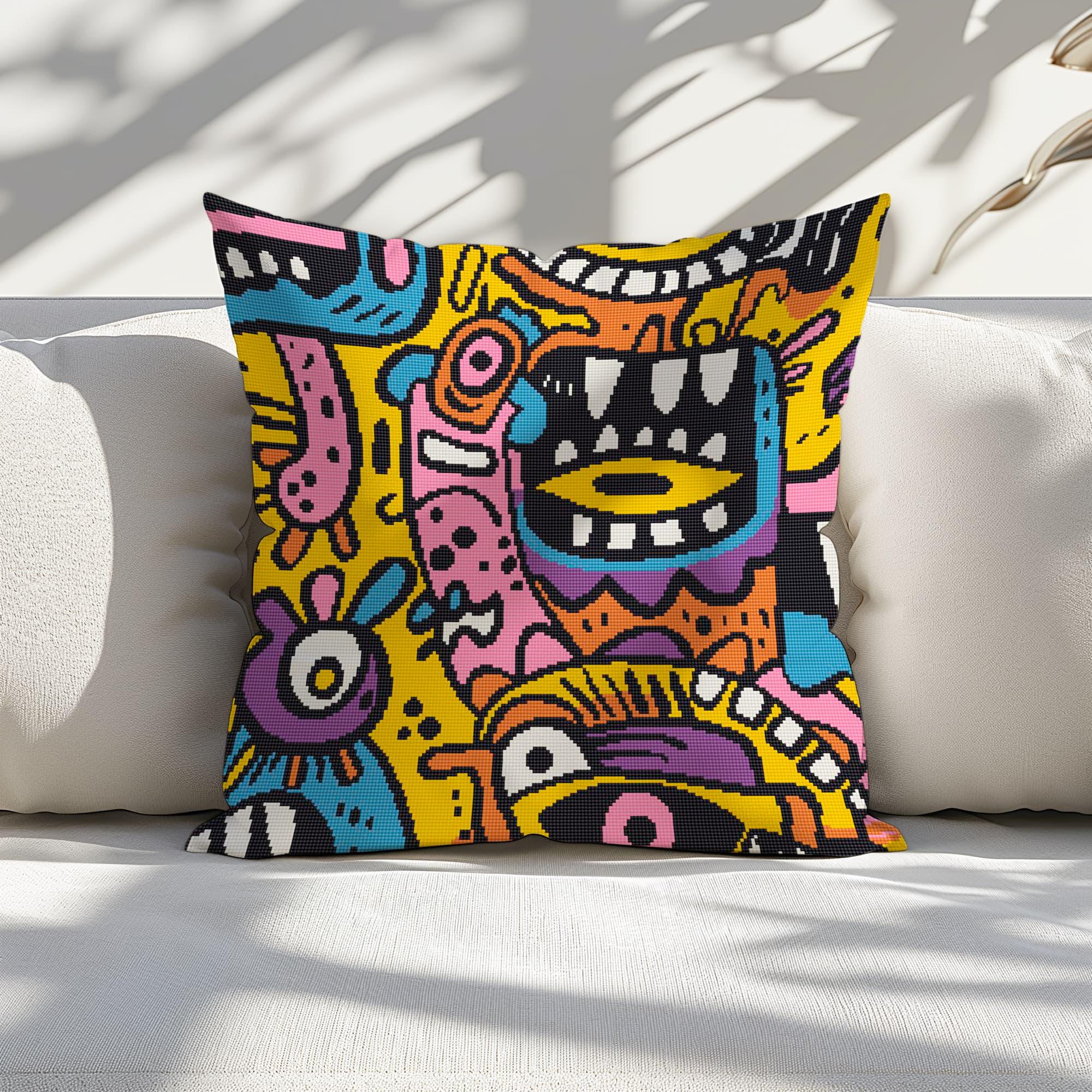 Counted Needlepoint Pillow Pattern Monster Doodle Pop, Tapestry Cushion Pattern, Download PDF