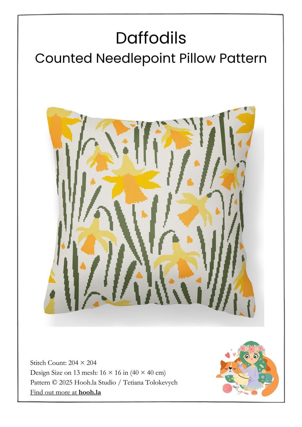 Counted Needlepoint Pillow Pattern Daffodils, Tapestry Cushion Pattern, Download PDF