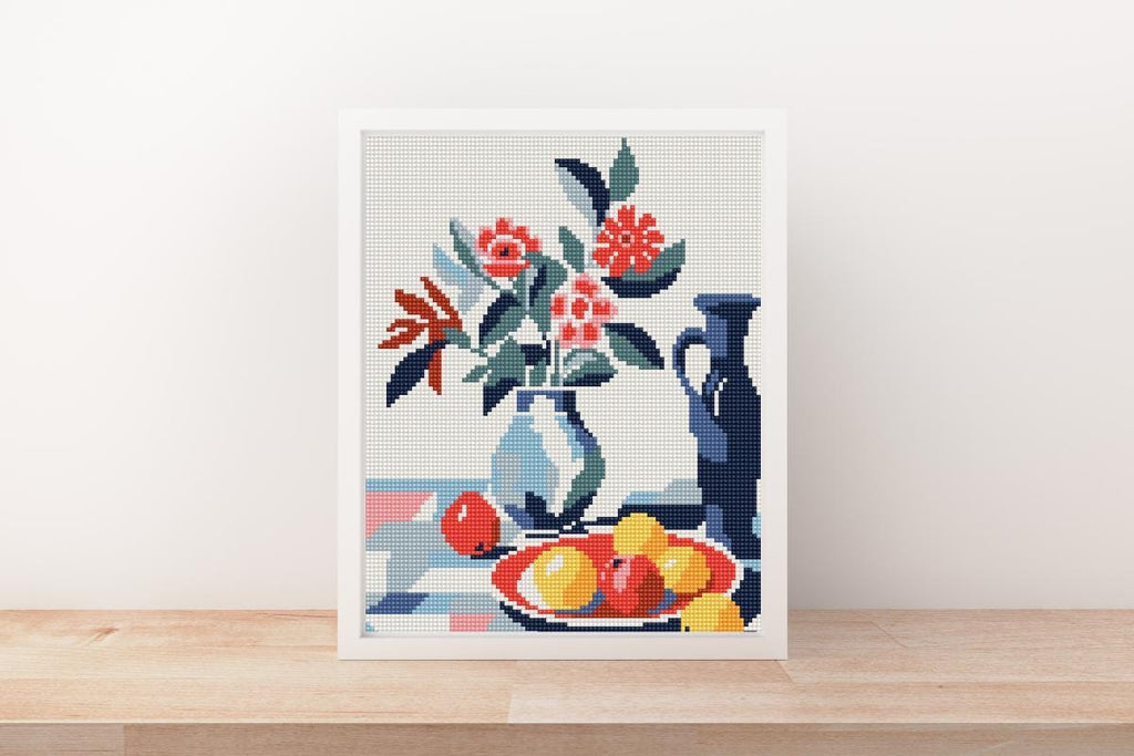 Counted Needlepoint Pattern Red Plate with Fruits, Tapestry Chart (PDF Download)