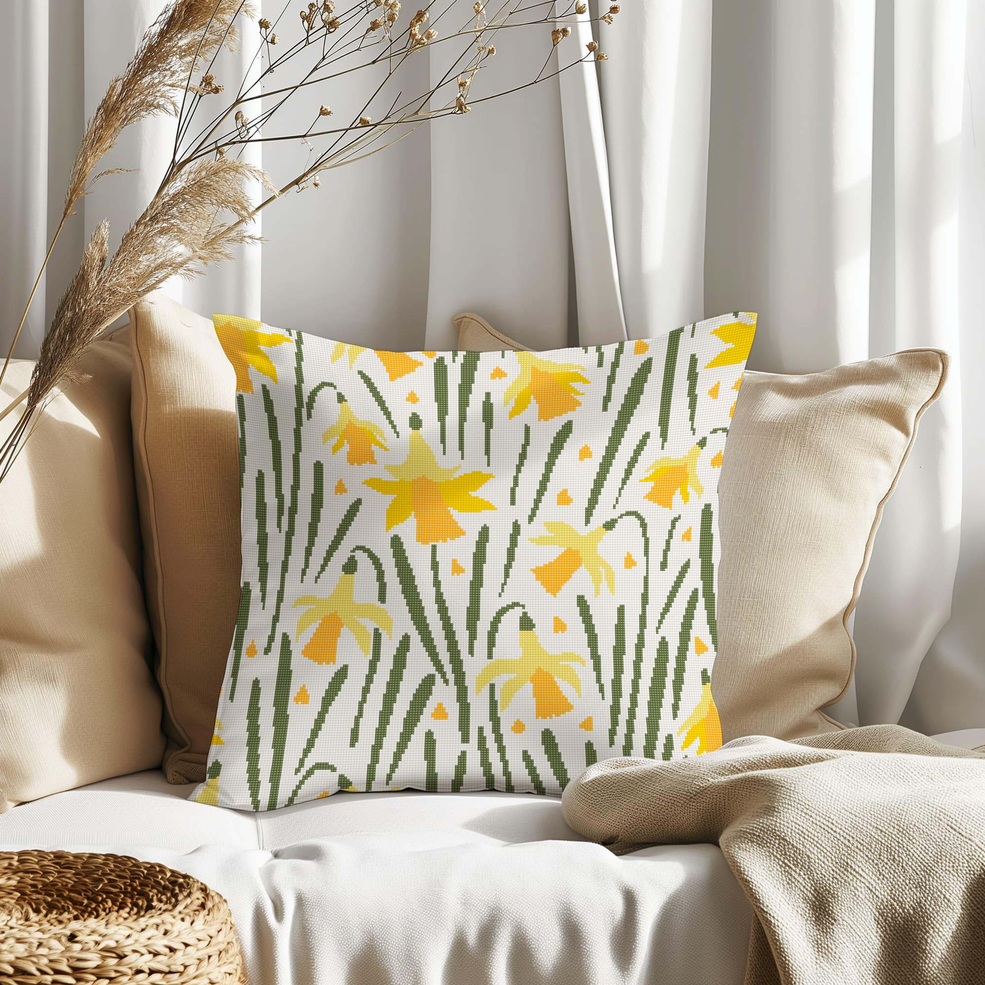 Counted Needlepoint Pillow Pattern Daffodils, Tapestry Cushion Pattern, Download PDF