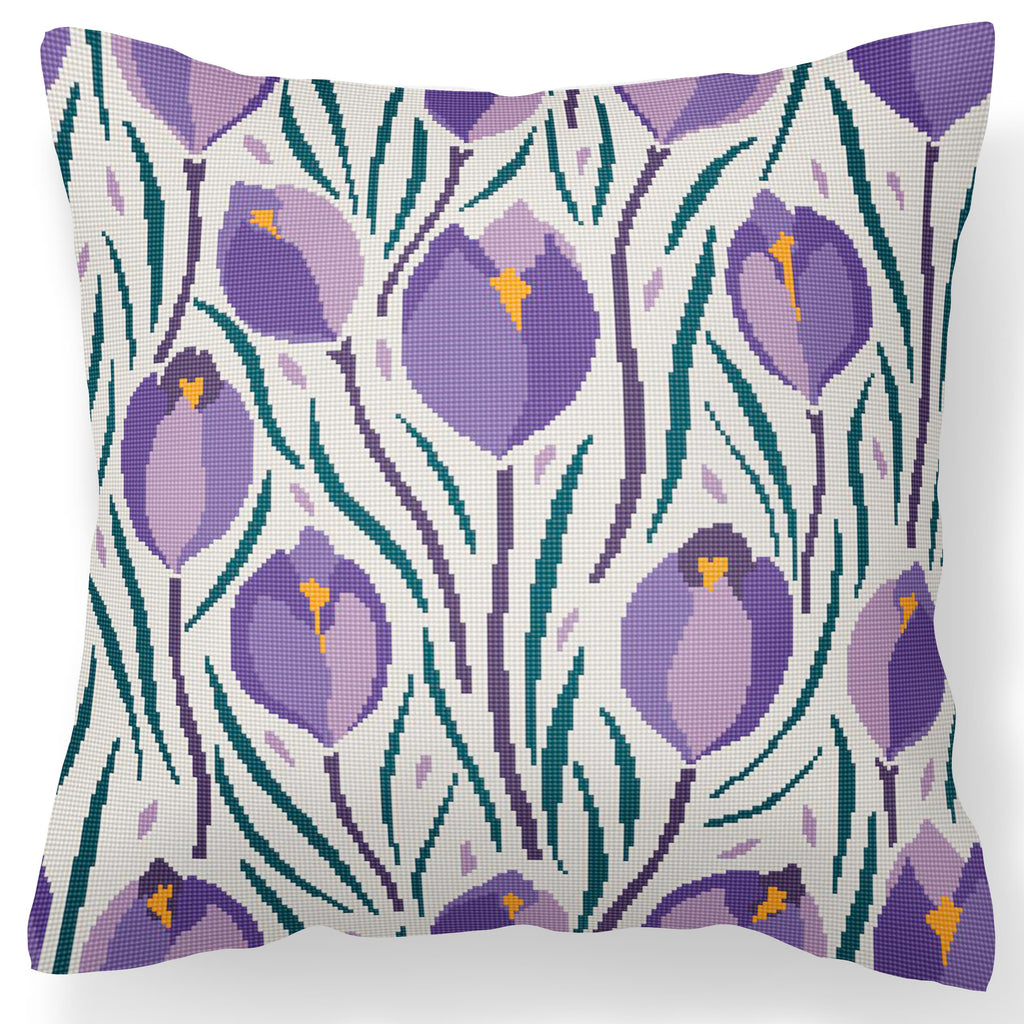 Counted Needlepoint Pillow Pattern Violet Crocuses, Tapestry Cushion Pattern, Download PDF