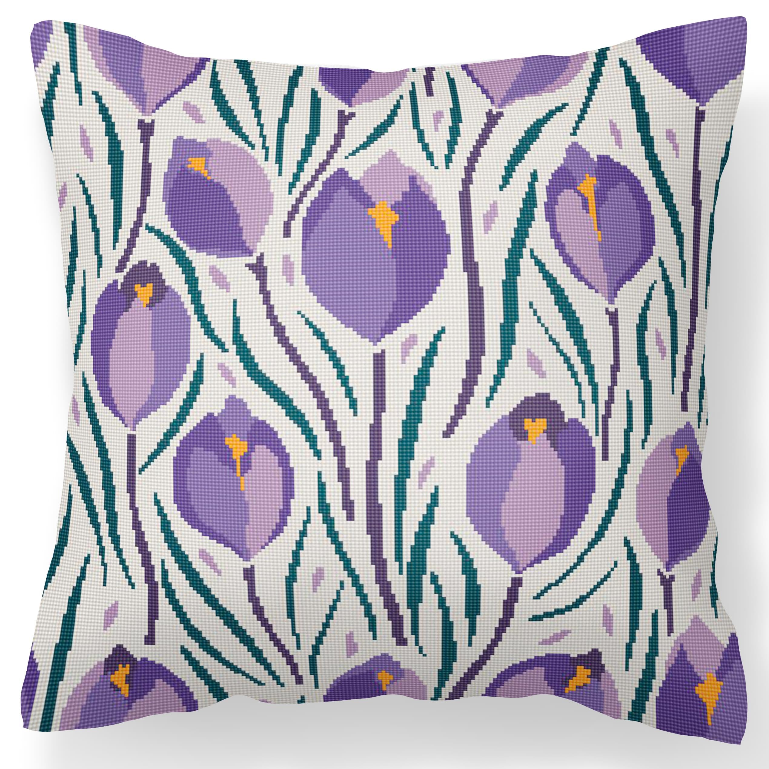 Counted Needlepoint Pillow Pattern Violet Crocuses, Tapestry Cushion Pattern, Download PDF