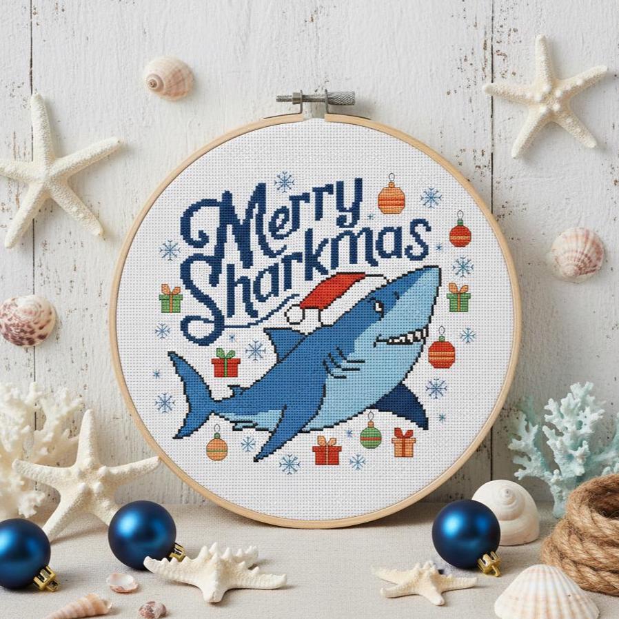 Merry Sharkmas Funny Cross Stitch pattern pdf, Small Shark in Santa's Hat Chrsitmas Chart