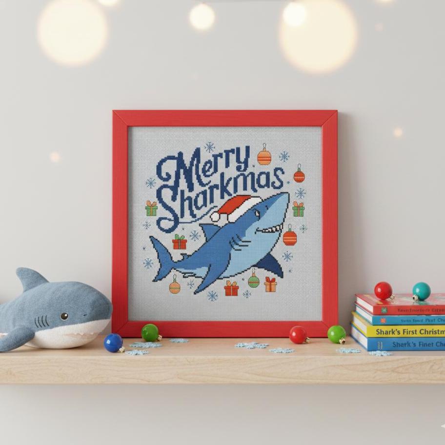 Merry Sharkmas Funny Cross Stitch pattern pdf, Small Shark in Santa's Hat Chrsitmas Chart