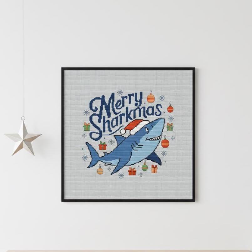 Merry Sharkmas Funny Cross Stitch pattern pdf, Small Shark in Santa's Hat Chrsitmas Chart