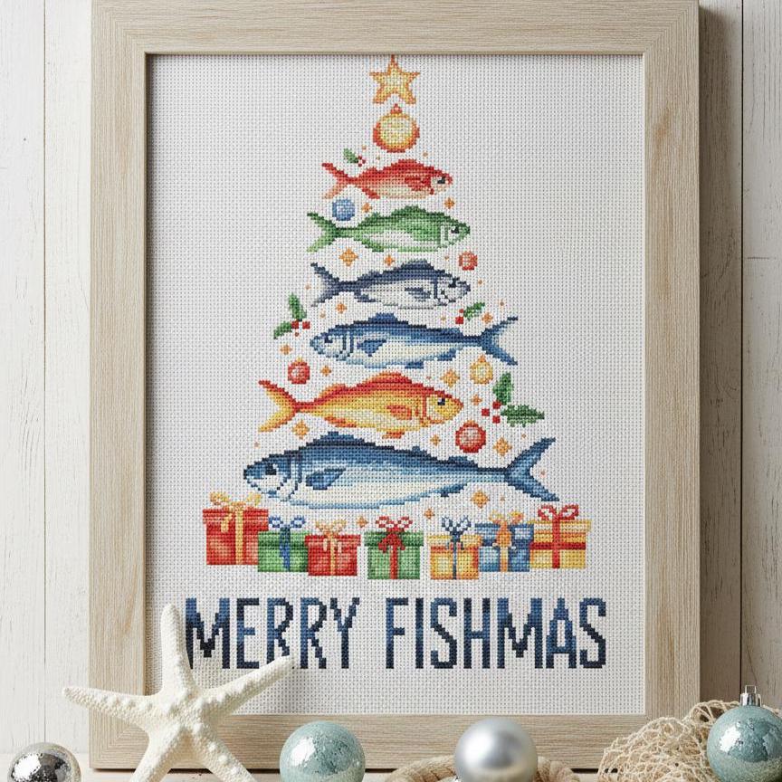 Sardines Christmas Tree Cross Stitch Pattern PDF, Funny Fish Christmas Decor