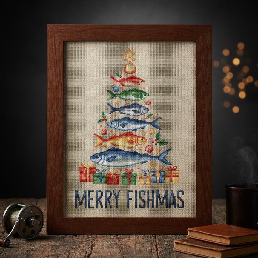 Sardines Christmas Tree Cross Stitch Pattern PDF, Funny Fish Christmas Decor