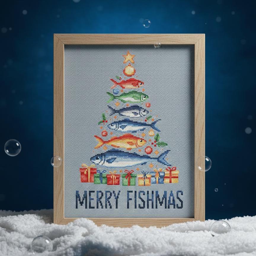 Sardines Christmas Tree Cross Stitch Pattern PDF, Funny Fish Christmas Decor