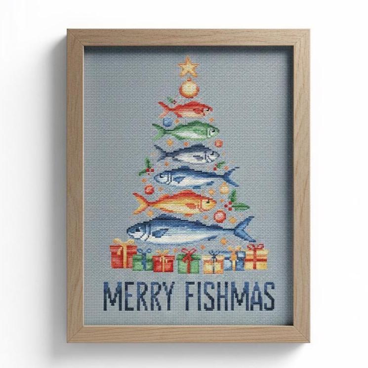 Sardines Christmas Tree Cross Stitch Pattern PDF, Funny Fish Christmas Decor