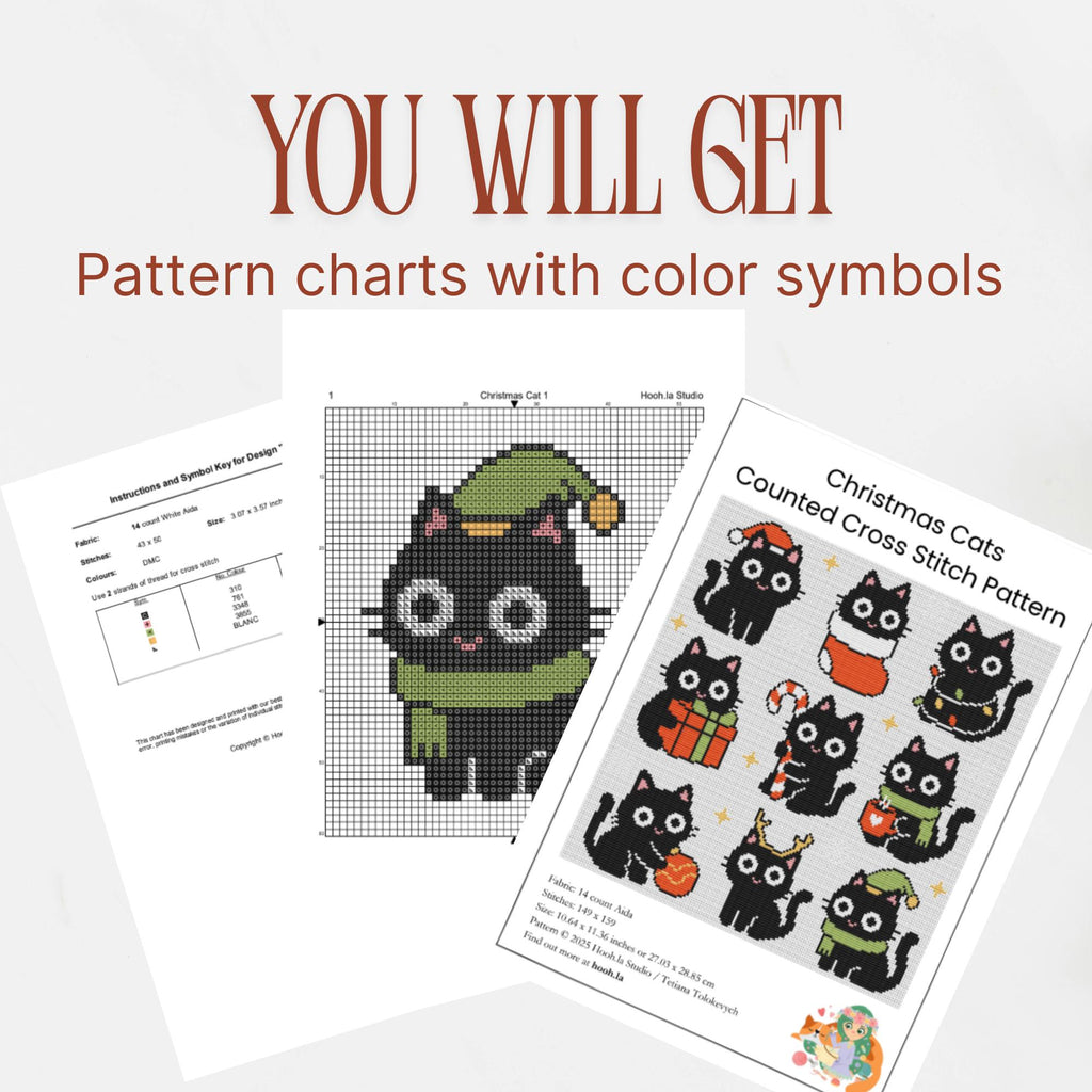 11 Christmas Funny Black Cat Mini Cross Stitch Pattern, Small Quick Designs